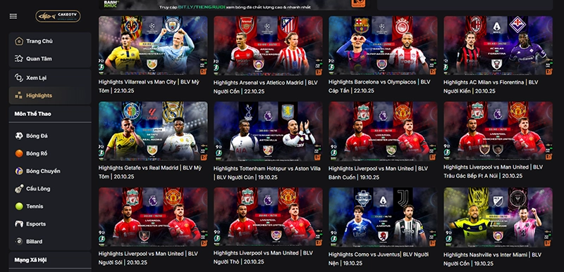 Hình ảnh các đội bóng hàng đầu Premier League La Liga Serie A trong các trận đấu được phát sóng trên Cakeo TV