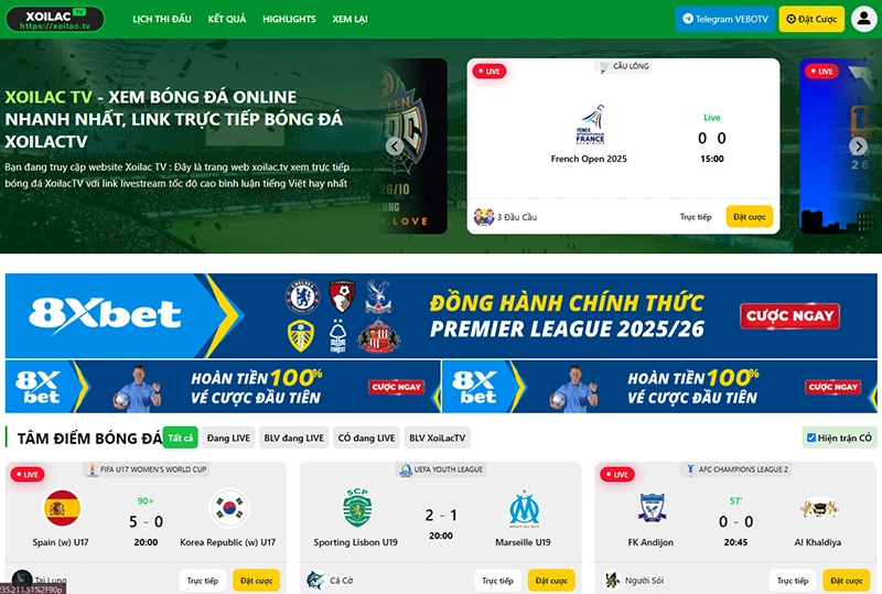 Giao diện trang chủ Xoilac TV hiển thị lịch trực tiếp bóng đá các giải đấu lớn